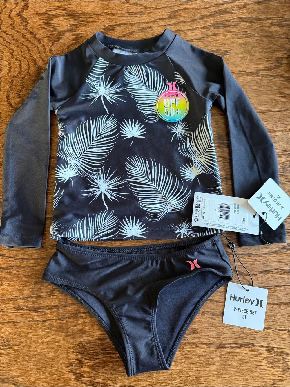 Hurley Girls' Black Rashguard Set with White Palm Print